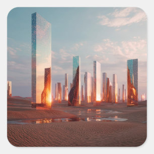 Futuristic Surreal Mirror Towers In Desert Square Sticker