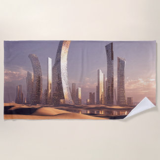 Futuristic Surreal Skyscrapers In Desert Landscape Beach Towel