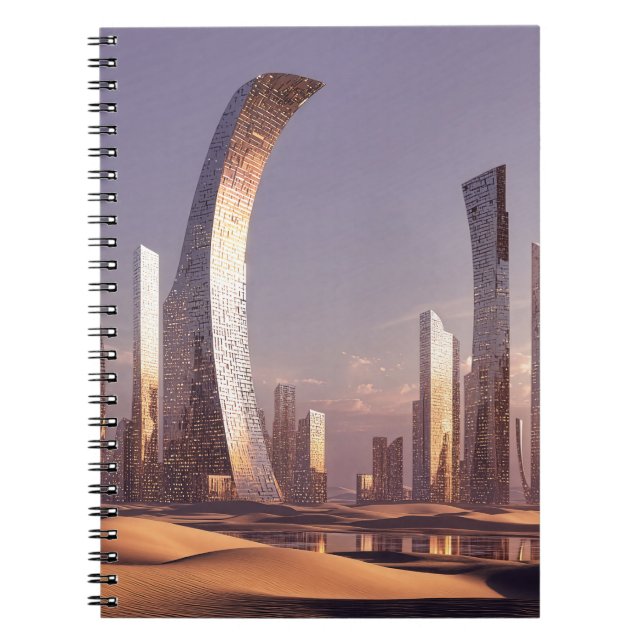 Futuristic Surreal Skyscrapers In Desert Landscape Notebook (Front)