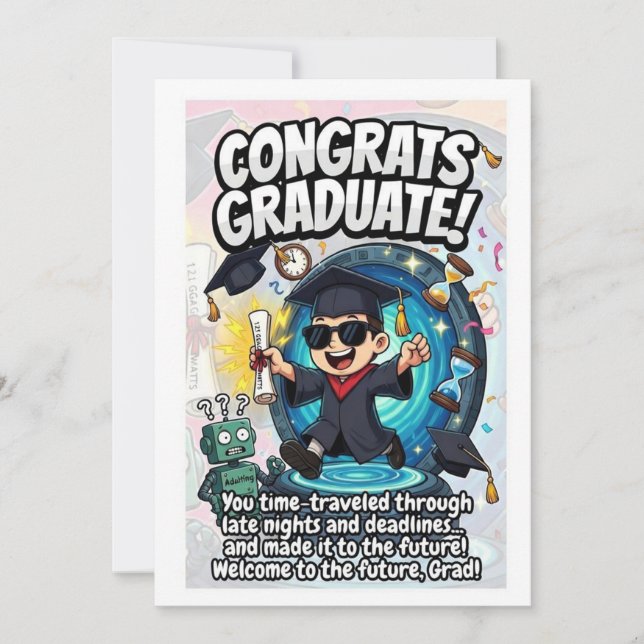 Futuristic Time‑Travel Graduation Design Holiday Card (Front)