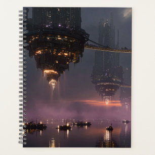 Futuristic towers floating above harbor planner