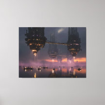 Futuristic towers floating above harbour