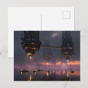 Futuristic towers floating above harbour postcard