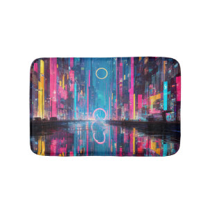 Futuristic Vibrant Neon Night Cityscape Bath Mat