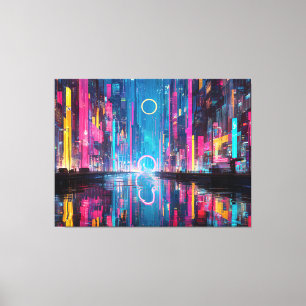 Futuristic Vibrant Neon Night Cityscape Canvas Print