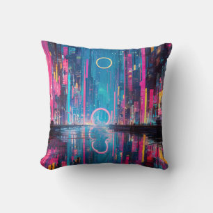 Futuristic Vibrant Neon Night Cityscape Cushion
