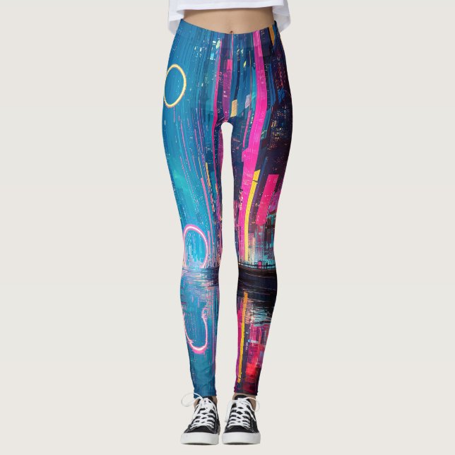 Futuristic Vibrant Neon Night Cityscape Leggings (Front)