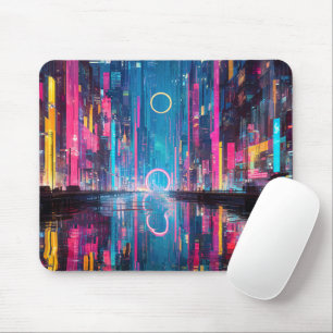 Futuristic Vibrant Neon Night Cityscape Mouse Mat