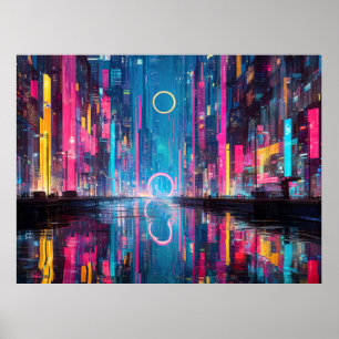 Futuristic Vibrant Neon Night Cityscape Poster