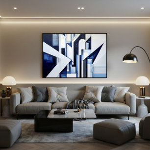 Futuristic White Navy Blue Abstract Geometric Canvas Print
