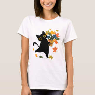 fuuny black Cat Leaf Fall Hello Autumn T-Shirt