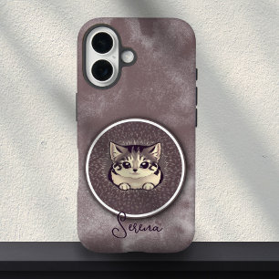 Fuzzy Black White Peeking Cat Art Custom Name  iPhone 16 Case