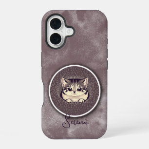 Fuzzy Black White Peeking Cat Art Custom Name iPhone 16 Case