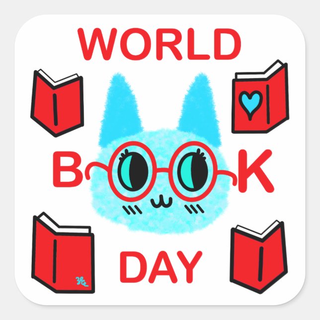 Fuzzy Cat World Book Day Square Sticker (Front)