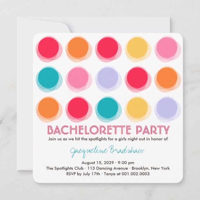 Fuzzy Colour Disco Dots Bachelorette Party Invite (Front)