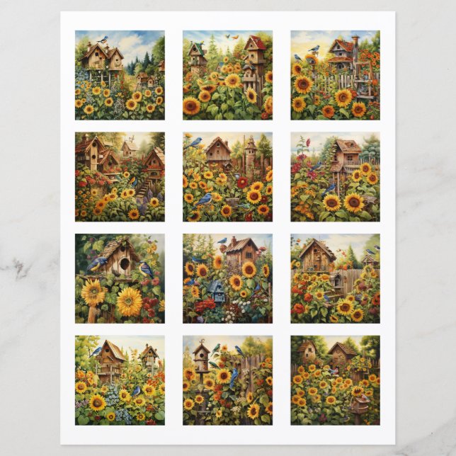 Fuzzy cut Sunflowers and Bird Houses Garden 2 (Front)