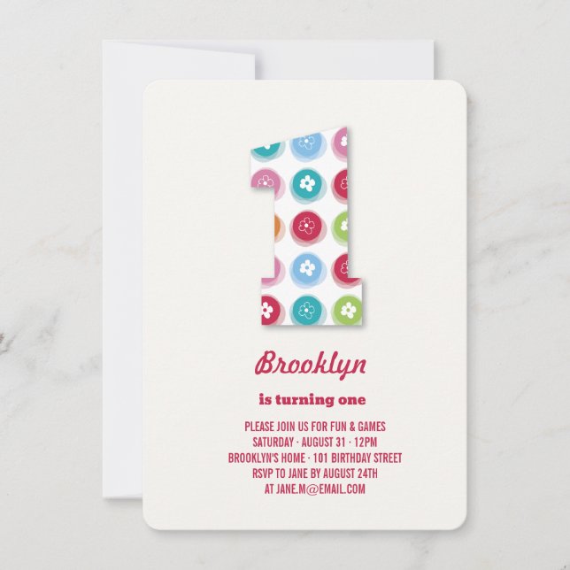 Fuzzy Daisies Colour Dots 1st Birthday Party Photo Invitation (Front)