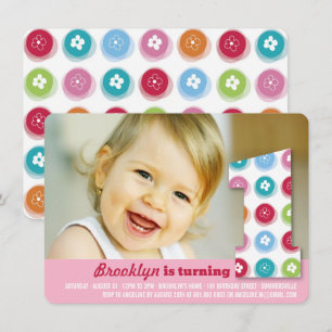 Fuzzy Daisies Colour Dots 1st Birthday Party Photo Invitation