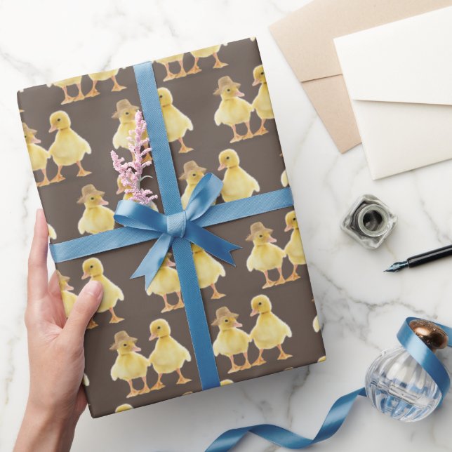 Fuzzy Duckling Couple On Brown Wrapping Paper (Gifting)