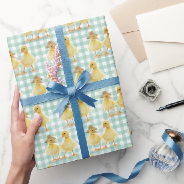 Fuzzy Duckling Couple On Gingham Wrapping Paper (Gifting)