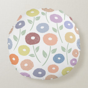 Fuzzy Flower Lg Pattern Pastels on White Round Cushion