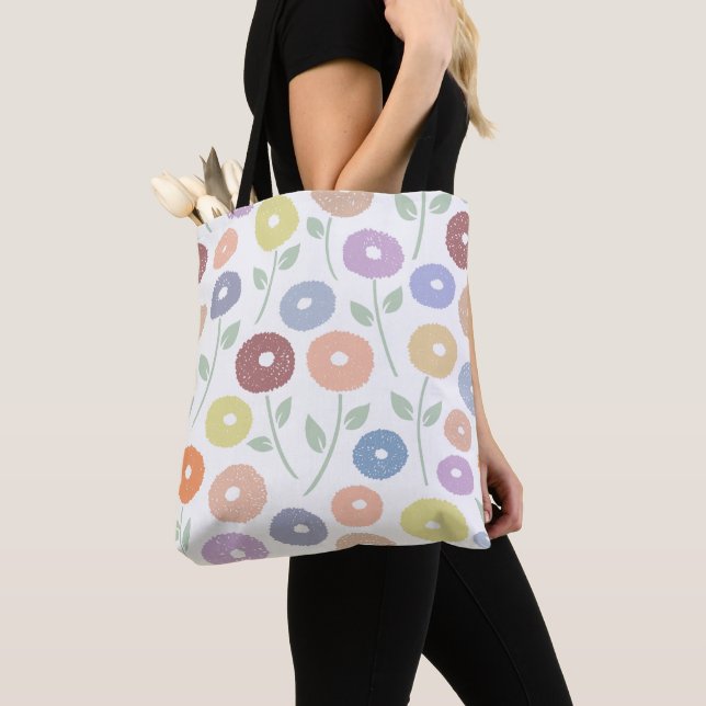 Fuzzy Flower Lg Pattern Pastels on White Tote Bag (Close Up)
