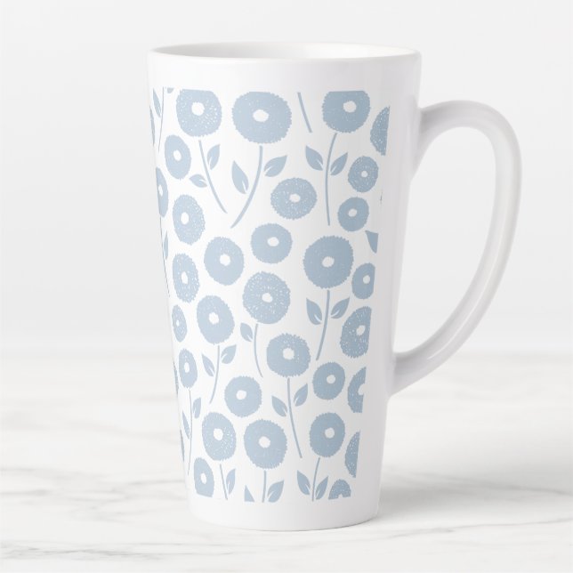 Fuzzy Flower Pattern Blue on White Latte Mug (Right)