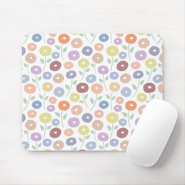 Fuzzy Flower Pattern Pastels on White Mouse Mat (With Mouse)
