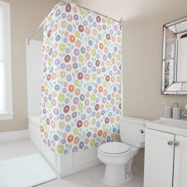 Fuzzy Flower Pattern Pastels on White Shower Curtain (In Situ)