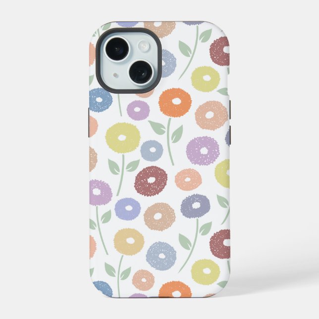 Fuzzy Flower Rpt Pattern Pastels on White iPhone 15 Case (Back)