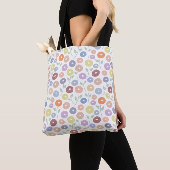 Fuzzy Flower Rpt Pattern Pastels on White Tote Bag (Close Up)