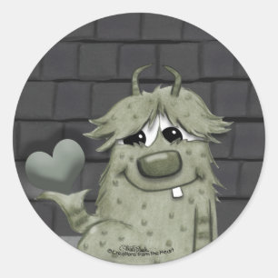 Fuzzy Green Monster with Heart Classic Round Sticker