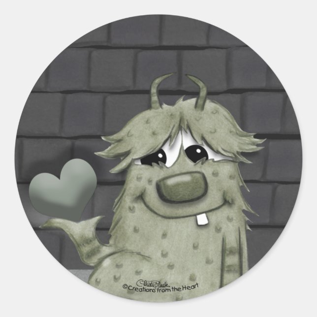 Fuzzy Green Monster with Heart Classic Round Sticker (Front)