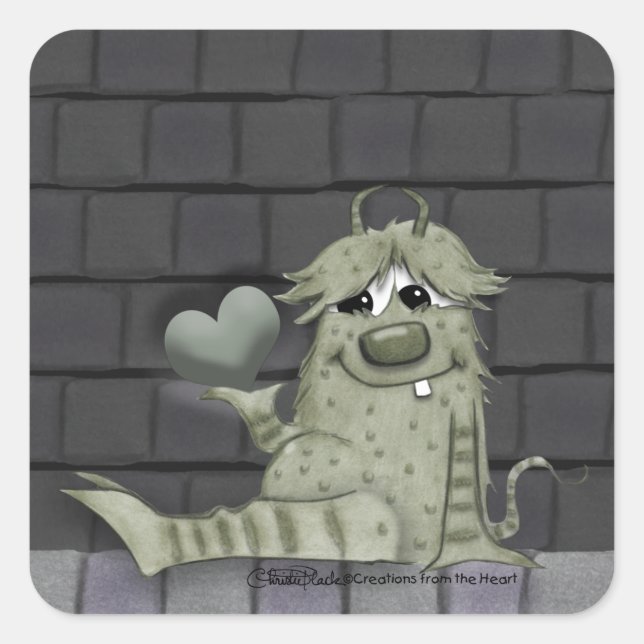 Fuzzy Green Monster with Heart Square Sticker (Front)