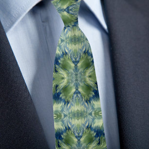 Fuzzy Green X on Denim Abstract Pattern Tie