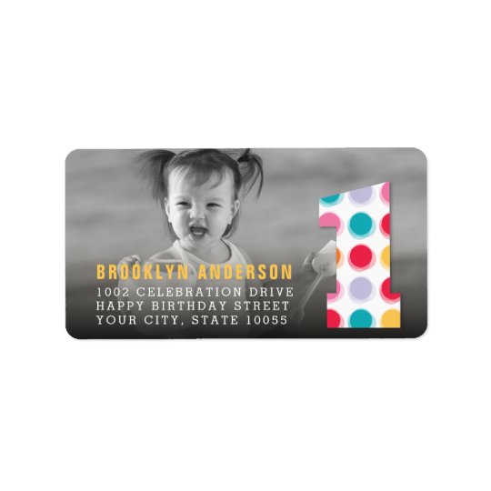 Fuzzy Modern Colour Dots 1st Birthday Party Photo Address Label