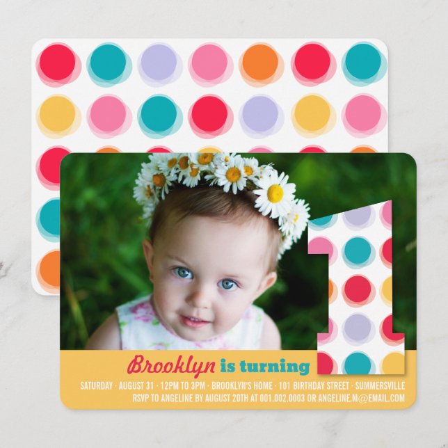 Fuzzy Modern Colour Dots 1st Birthday Party Photo Invitation (Front/Back)