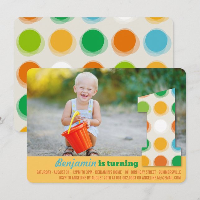 Fuzzy Modern Colour Dots 1st Birthday Party Photo Invitation (Front/Back)