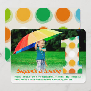 Fuzzy Modern Colour Dots 1st Birthday Party Photo Invitation