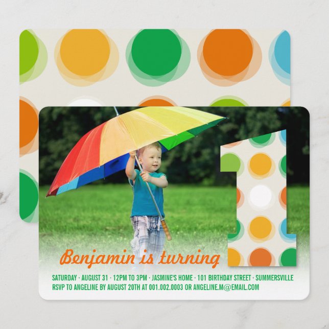 Fuzzy Modern Colour Dots 1st Birthday Party Photo Invitation (Front/Back)