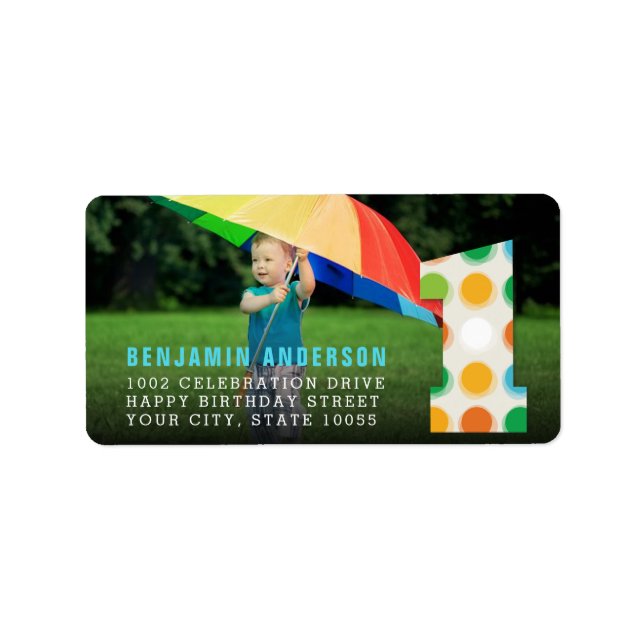 Fuzzy Modern Colour Dots 1st Birthday Party Photo Label (Front)