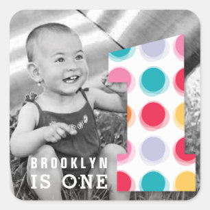 Fuzzy Modern Colour Dots 1st Birthday Party Photo Square Sticker