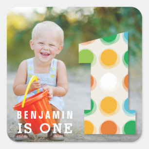 Fuzzy Modern Colour Dots 1st Birthday Party Photo Square Sticker