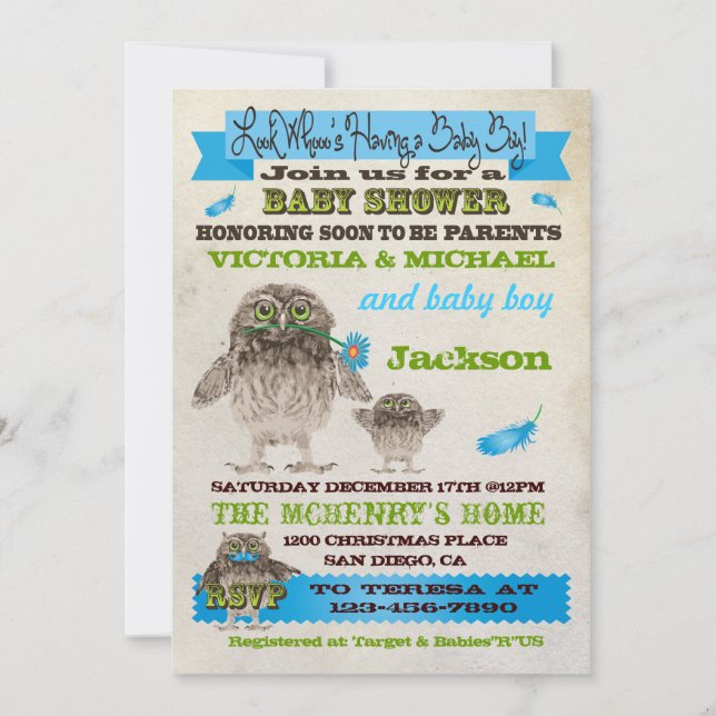Fuzzy Owl Boy Baby Shower Party Invitations (Front)