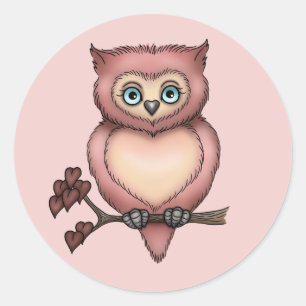 Fuzzy Pink Owl Love Hearts Valentine Classic Round Sticker