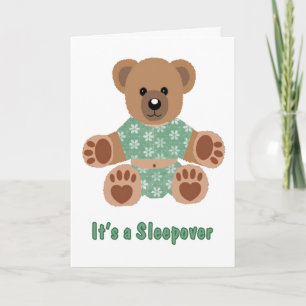 Fuzzy Teddy Bear Green Flowered Pyjamas Sleepover Invitation