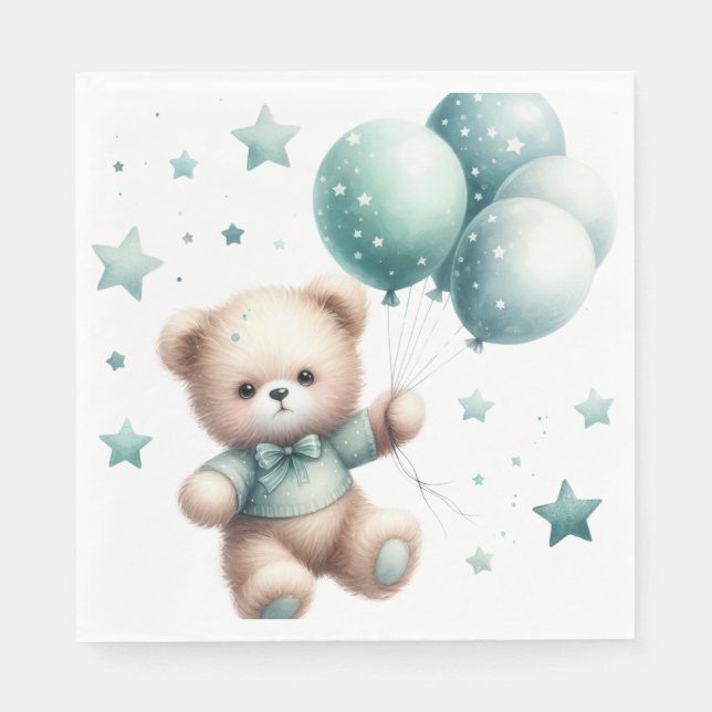 FUZZY TEDDY BEAR WITH PASTEL GREEN BALLOONS NAPKIN (Front)