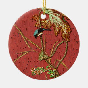 G.A. Audsley Vintage Red Japanese Bird Lotus Art Ceramic Tree Decoration