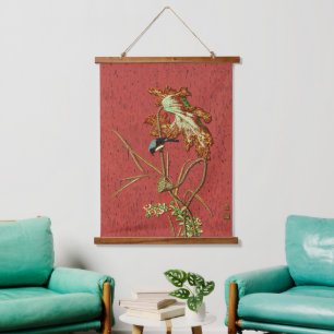 G.A. Audsley Vintage Red Japanese Bird Lotus Art Hanging Tapestry