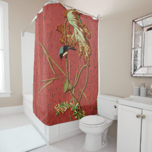 G.A. Audsley Vintage Red Japanese Bird Lotus Art Shower Curtain